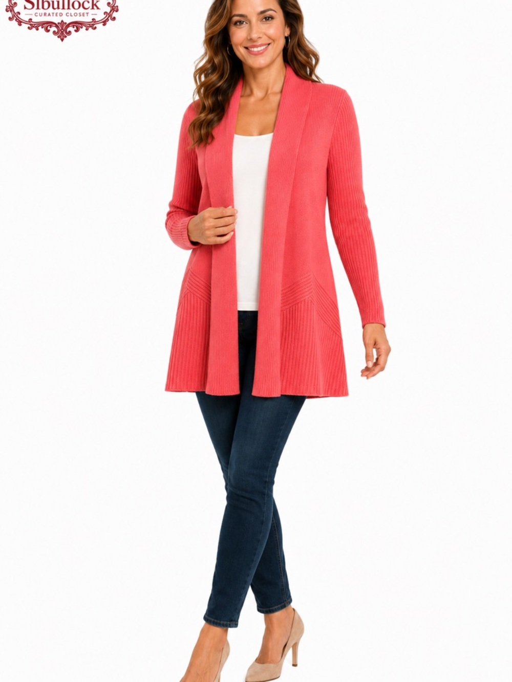 G7 A Love Story XL Open Front Knit Cardigan Coral Ribbed 28” Long
